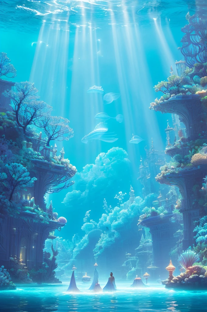 An ancient underwater city bathed in a soft, ethereal glow, surrounded by mythical sea creatures like luminous jellyfish and graceful merfolk. The city’s architecture features towering, coral-covered spires and bioluminescent flora. In the foreground, a group of deep-sea explorers in futuristic suits is amazed as they discover this hidden realm, their faces illuminated by the city’s gentle light. The scene is set in a deep, mysterious ocean with rays of sunlight piercing through the water, creating a magical, otherworldly atmosphere , (Best Quality, A high resolution, photorealistic), cinematic lighting, masterpiece, raw photo, intricate details, HdR

