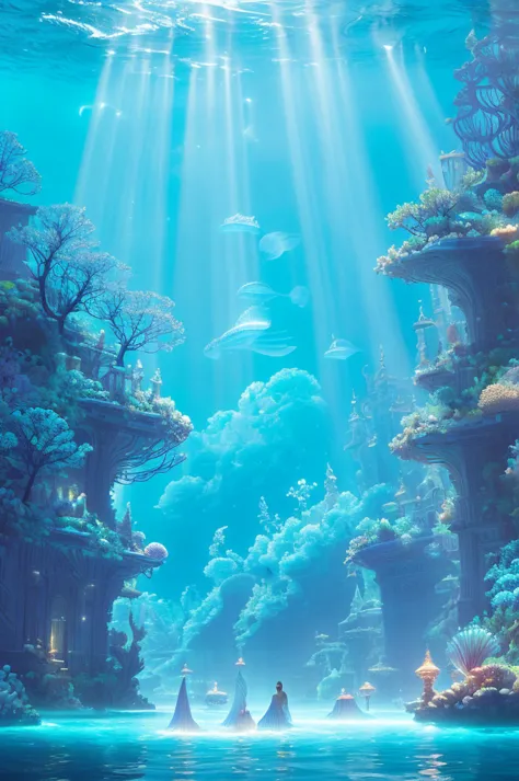 an ancient underwater city bathed in a soft, ethereal glow, surrounded by mythical sea creatures like luminous jellyfish and gra...