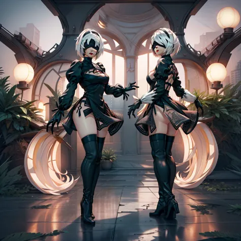 1 tall woman, with his back to the audience, white hair, shorth hair, ((character 2b nier automata)), realisitic, black gown, to...