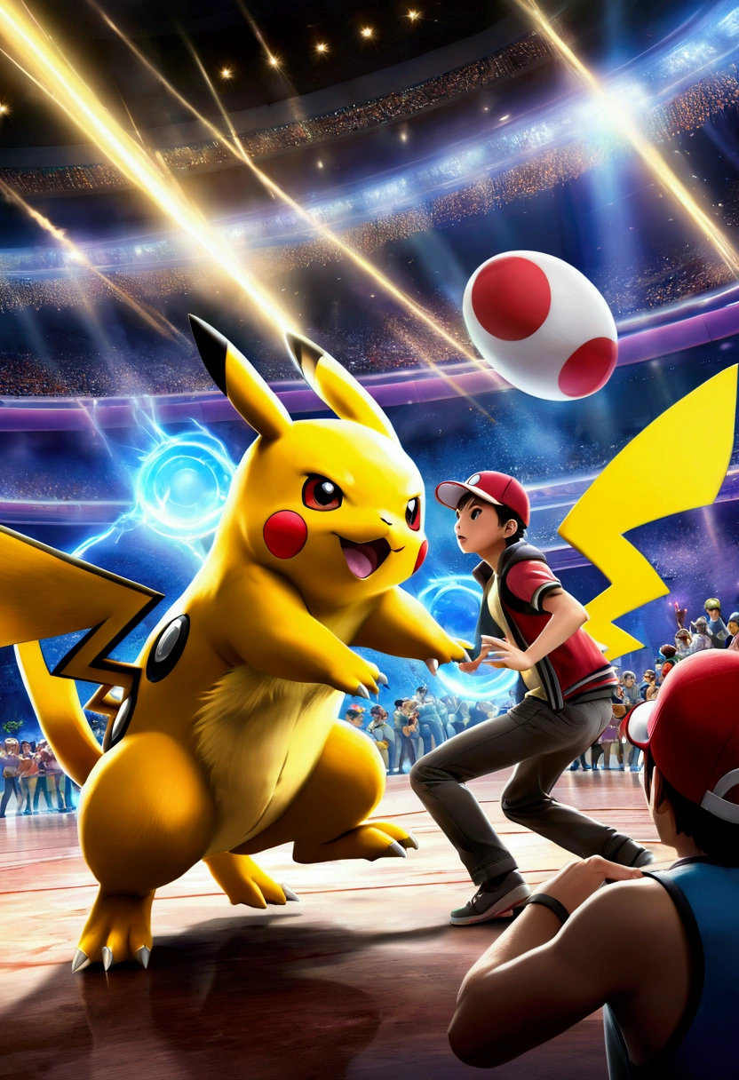 (Pokémon), game poster, At the festival celebration of Pokémon World, trainers and Pokémon celebrate together, enjoying food, games, and performances. The color scheme is mainly based on the festive tone of the celebration and the happy expression of Pokémon. The light and shadow are mainly decorated with lights and fireworks for the celebration, the details are reflected in the interaction of Pokémon and the joyful atmosphere of the celebration.
﻿
Beautiful cinematic lighting, surreal, color graded, dynamic movement, captivating chiaroscuro, full body, award-winning, cinematic still, emotional, vignette, dynamic, vivid, (masterpiece, best quality, photorealistic, Professional, perfect composition, very aesthetic, absurdres, ultra-detailed, intricate details:1.3)