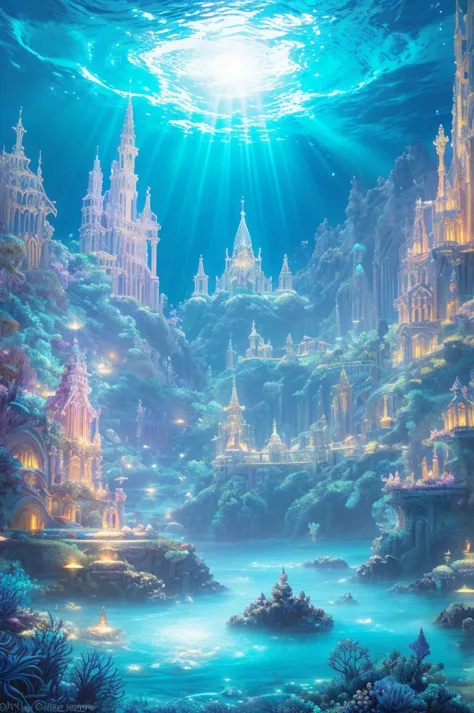 an ancient underwater city bathed in a soft, ethereal glow, surrounded by mythical sea creatures like luminous jellyfish and gra...