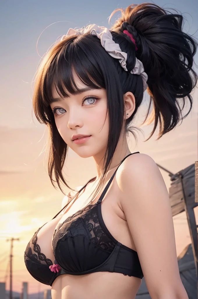 masterpiece, best quality, (realistic,photo-realistic:1.4), (RAW photo:1.2), extremely detailed CG unity 8k wallpaper, delicate and beautiful, amazing,finely detail, official art, absurdres, incredibly absurdres, huge filesize, ultra-detailed,extremely detailed eyes and face,light on face,hinata,(little smile),(black hair:1.4),(long hair:1.3),(wearing bra:1.4),(nature backgrouund:1.4),(byakugan eyes:1.5),ponytail,(scrunchie:1.5)