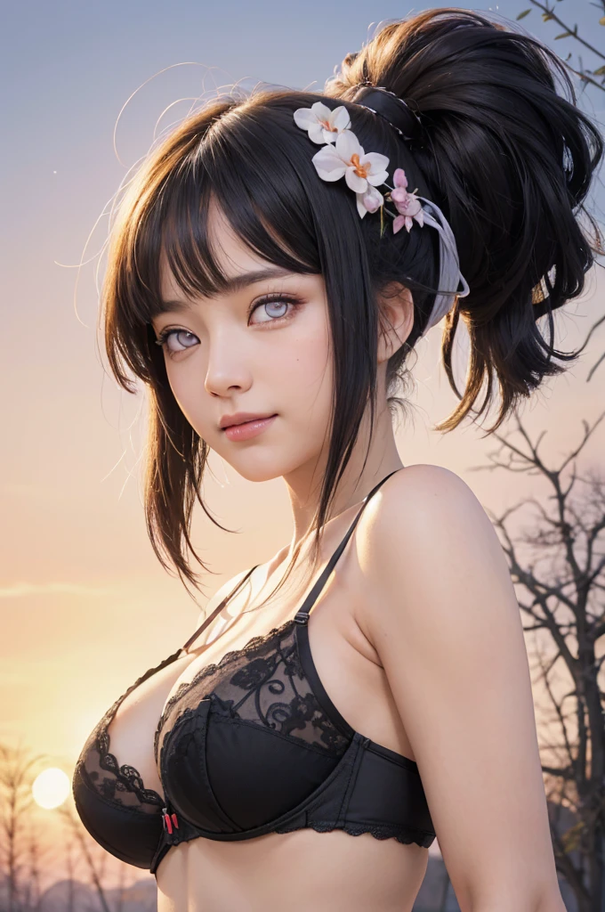 masterpiece, best quality, (realistic,photo-realistic:1.4), (RAW photo:1.2), extremely detailed CG unity 8k wallpaper, delicate and beautiful, amazing,finely detail, official art, absurdres, incredibly absurdres, huge filesize, ultra-detailed,extremely detailed eyes and face,light on face,hinata,(little smile),(black hair:1.4),(long hair:1.3),(wearing bra:1.4),(nature backgrouund:1.4),(byakugan eyes:1.5),ponytail