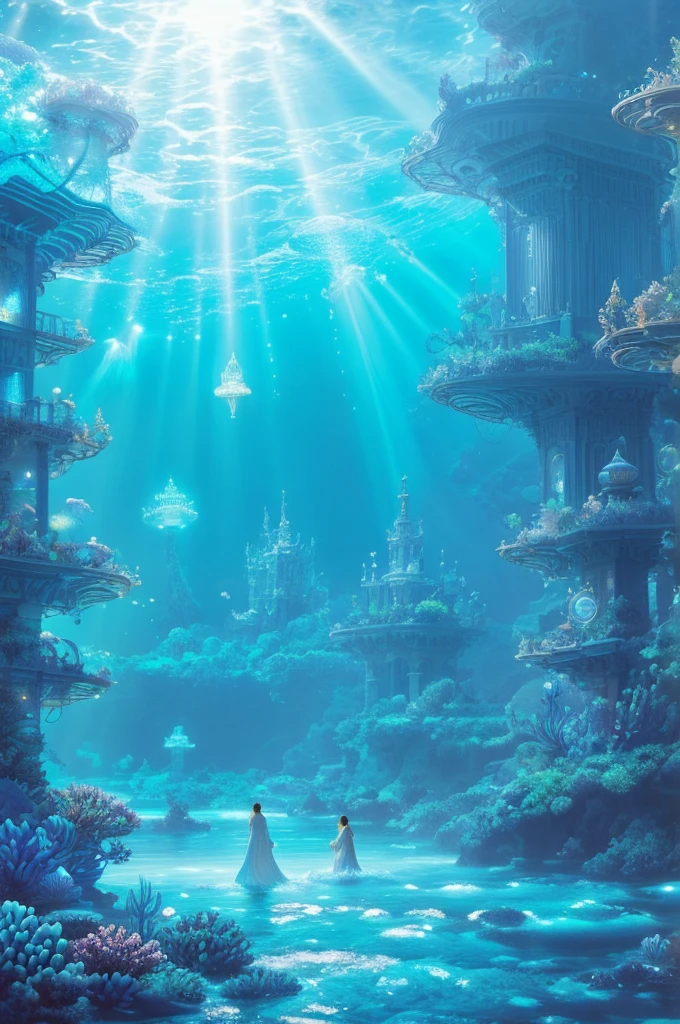 An ancient underwater city bathed in a soft, ethereal glow, surrounded by mythical sea creatures like luminous jellyfish and graceful merfolk. The city’s architecture features towering, coral-covered spires and bioluminescent flora. In the foreground, a group of deep-sea explorers in futuristic suits is amazed as they discover this hidden realm, their faces illuminated by the city’s gentle light. The scene is set in a deep, mysterious ocean with rays of sunlight piercing through the water, creating a magical, otherworldly atmosphere , (Best Quality, A high resolution, photorealistic), cinematic lighting, masterpiece, raw photo, intricate details, HdR

