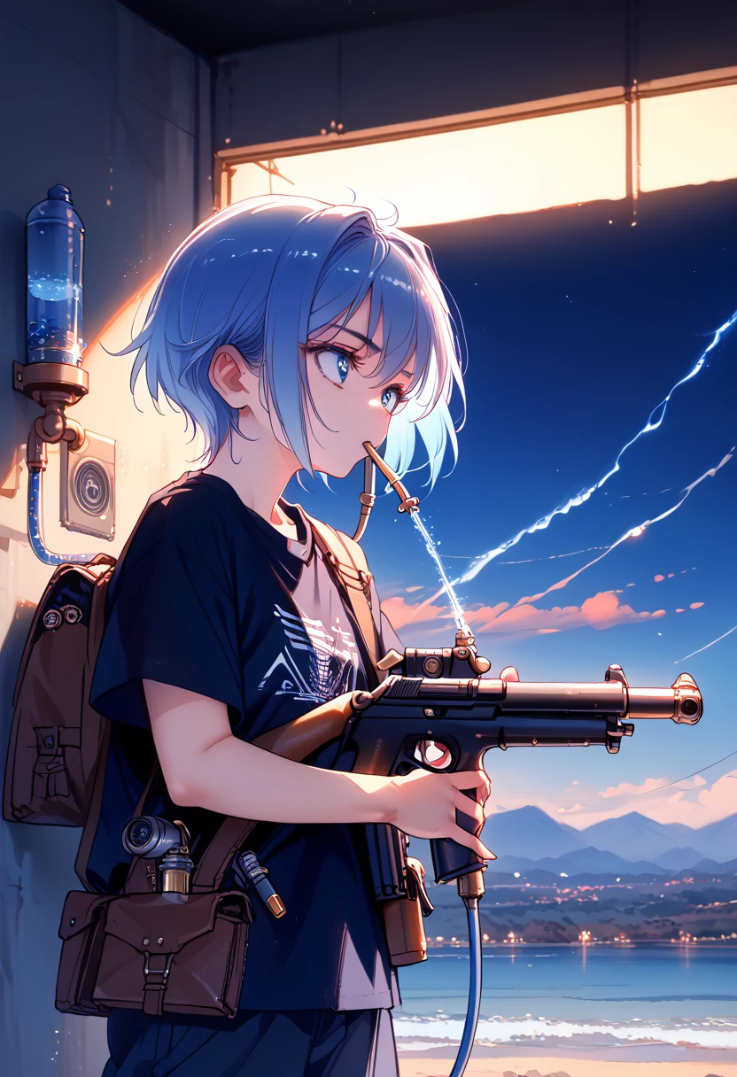 Photo, (Photoреалистичный: 1.4), (hyperrealistic: 1.4), (cinematic: 1.5), A woman of about 20 years old, Japan, Woman with a gun, (Desert Eagle), Nikita, night, blue light, voltage, short hair, Hold the gun with both hands, basement, black T-shirt, Electric cord on the wall, Water pipe