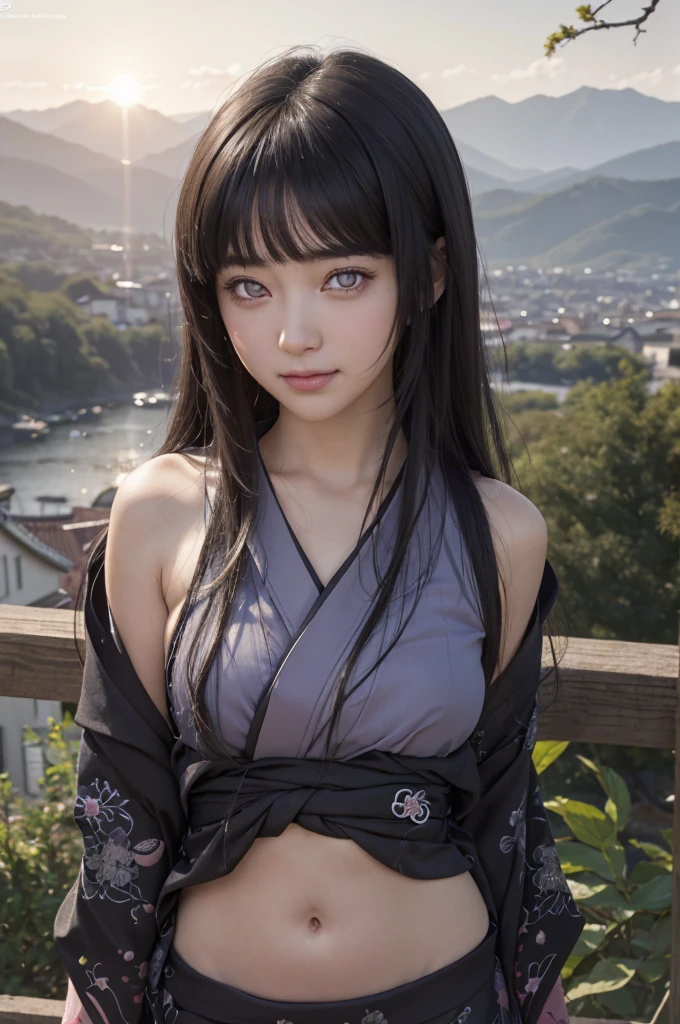 masterpiece, best quality, (realistic,photo-realistic:1.4), (RAW photo:1.2), extremely detailed CG unity 8k wallpaper, delicate and beautiful, amazing,finely detail, official art, absurdres, incredibly absurdres, huge filesize, ultra-detailed,extremely detailed eyes and face,light on face,hinata,(little smile),(black hair:1.4),(long hair:1.3),(wearing kimono:1.4),(nature backgrouund:1.4),(byakugan eyes:1.5),navel