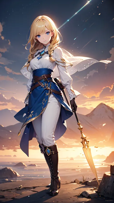 blonde mage girl, with long hair and a braid on one side. she has blue eyes and is wearing a blue mage's veil. she is dressed in...