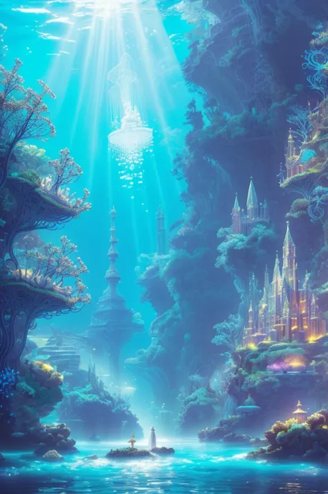 an ancient underwater city bathed in a soft, ethereal glow, surrounded by mythical sea creatures like luminous jellyfish and gra...