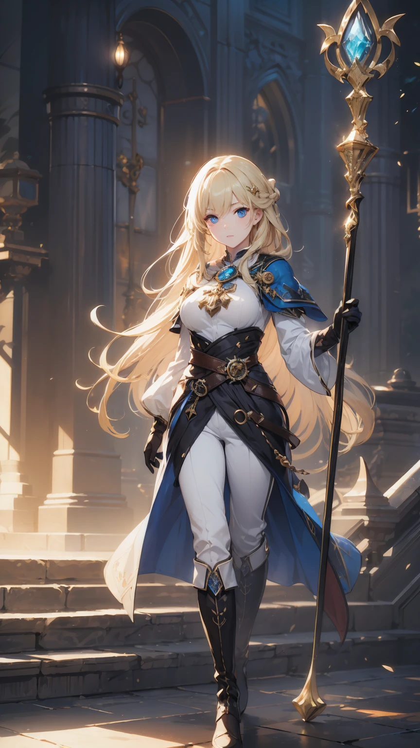 Blonde mage girl, with long hair and a braid on one side. She has blue eyes and is wearing a blue mage's veil in the head. She is dressed in a long-sleeve white shirt, brown pants, and tall brown boots. She holds a mage's staff with a crystal at the tip, wears brown gloves, and has a crossbody bag slung across her chest at her waist. She has a serious expression. Ensure that the image is well-detailed with accurate proportions, clear facial features, and balanced body posture to avoid any deformities." 8k, high quality, full body, (ultra-realistic), {extremely detailed 8k CG unit wallpaper}, expansive landscape photograph, , (light: 2.0), (warm light source: 1.5), complex details,, (atmospheric lighting), surreal, impressive, fantasy, (Solo: 1.2)