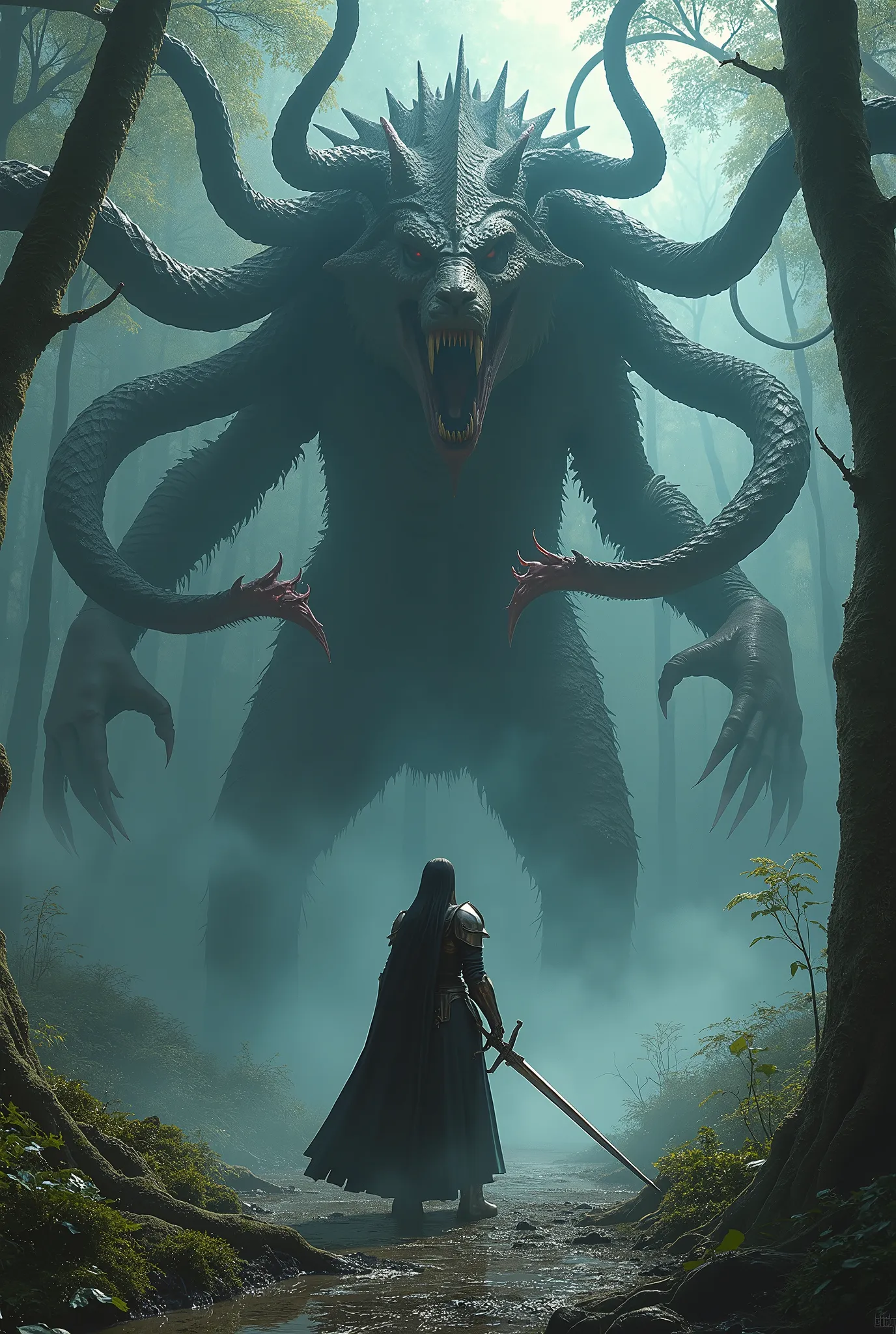 a female knight battling a giant multi-headed hydra monster, highly detailed, fantasy, epic battle scene, a swamp, in a dark forest, hyper realistic, dramatic lighting, cinematic, 8k, artstation, concept art, digital painting, award winning