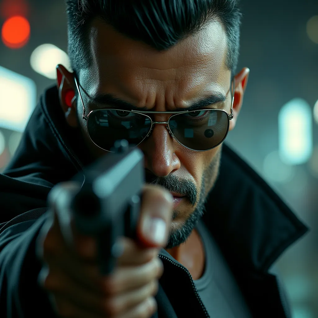 close up shot, face, Man hard facial expression, without beard, his aviator sunglasses reflect a man, who threatens with a gun,cyberpunk 


