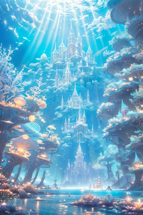 an ancient underwater city bathed in a soft, ethereal glow, surrounded by mythical sea creatures like luminous jellyfish and gra...