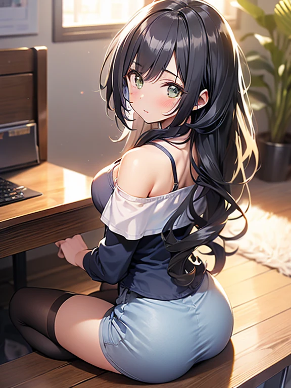 (One Woman)、(masterpiece)、(Highest quality)、(Ultra-detailed)、(High saturation)、(CG illustration)、((Full Angle))、A beautiful idol high school girl、Delicate and beautiful face、(blush)、(Black-haired)、(Disheveled Hair)、(Anime style eyes)、((Shoulder top))、See-through clothing:1.3、((Black Stockings))、(Translucent panties)、(Dark blue pleated skirt)、B cup breasts、((looked back))、(Woman sitting on the floor)、Best lighting、Simple Background