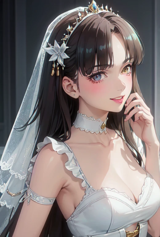 (safe:1.10), best quality, masterpiece, highres, solo, (michiko_tanaka_mahoushoujoniakogarete:1.10), anime_style, 11,  adorned in a shimmering white satin bridal gown boasting a voluminous princess skirt, an elongated trail, a harmoniously fascinating veil, and an intricately laced and diamond-encrusted bodice with a bow. Victorian style wedding gown with lace, frills and ribbons. Elaborate victorian updo hairstyle. ribbon belt on waist, Crowning her head is a princess's tiara, (masterpiece), best quality, expressive eyes, perfect face, perfect anatomy, perfect hands, cute smile, bridal makeup, blushing, realistic, (masterpiece), best quality, expressive eyes, perfect face, good hands, best hands, detailed, high quality, high resolution. 8k