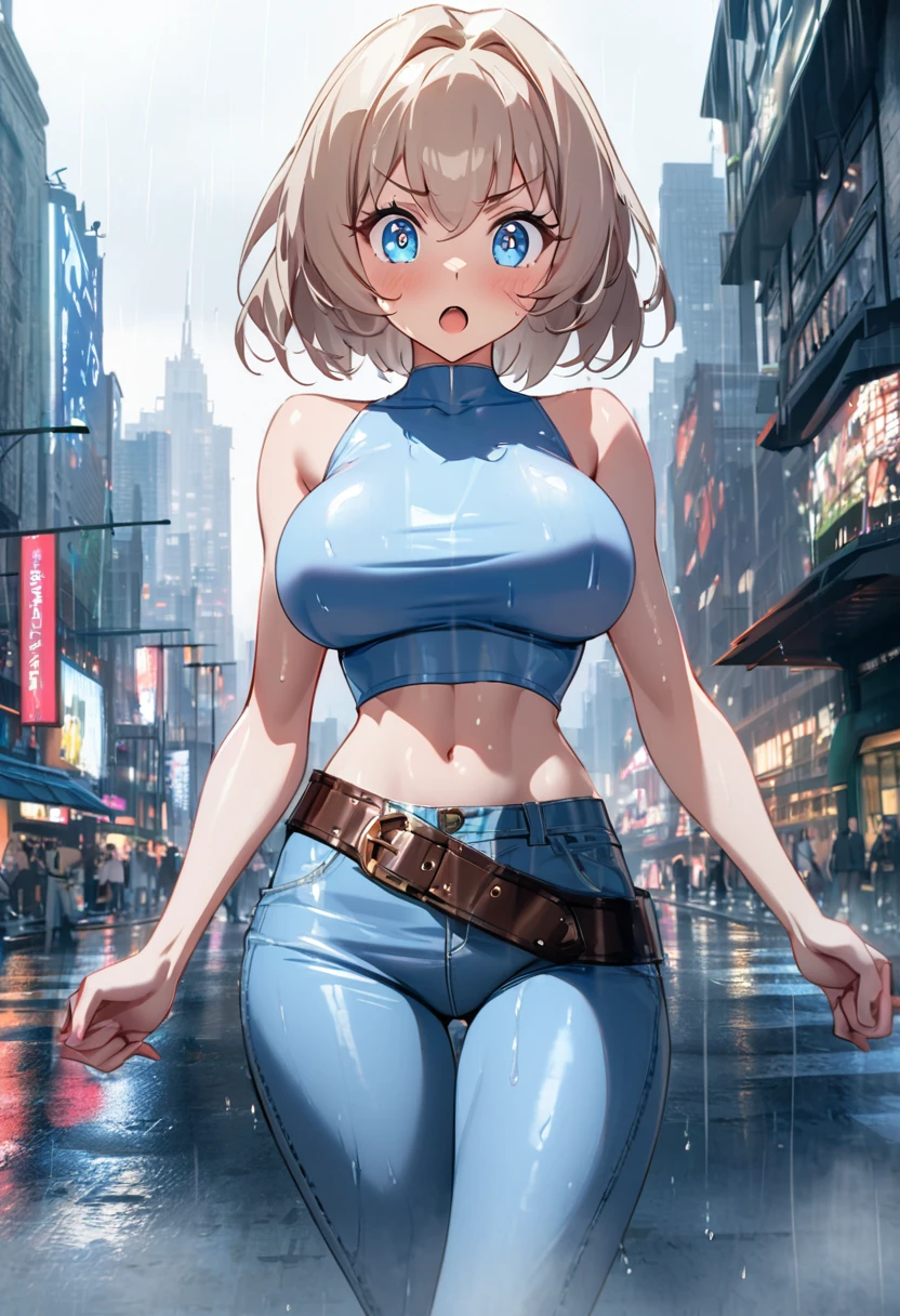 maryms, Best Quality,(beauty), 1girl,phisically-based render ,ultra highres,(cowboy shot:1.5),narrow waist, skinny, LeonaMS , big blue eyes,long legs,jeans,leather belt,big breasts,puffy eyes, leather belt,(rainy city), shiny skin, facing viewer, excited to fight
