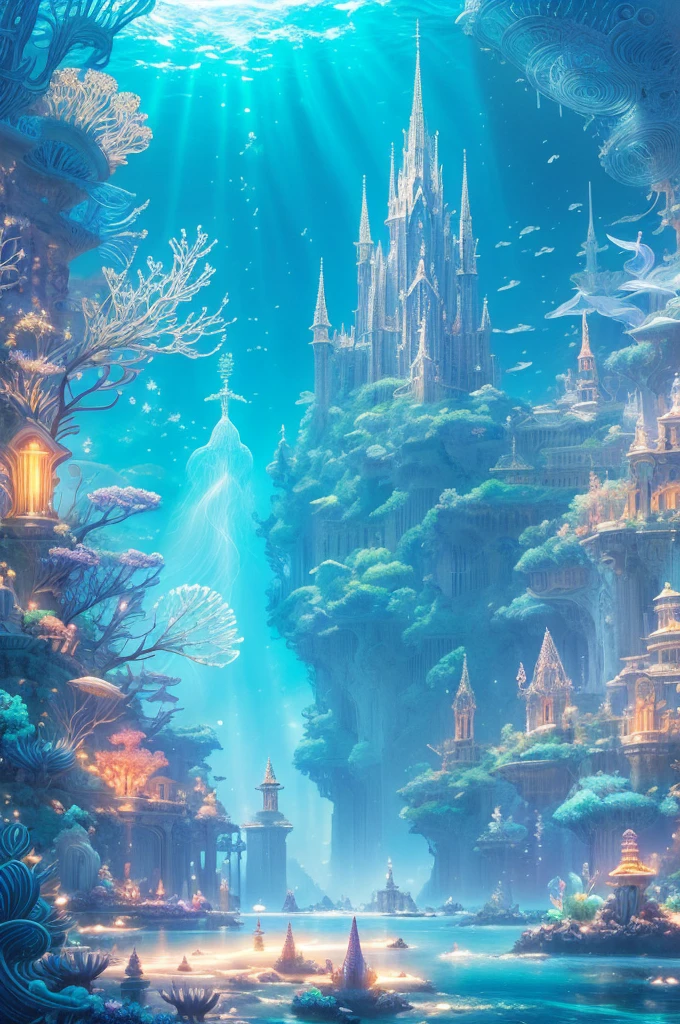 An ancient underwater city bathed in a soft, ethereal glow, surrounded by mythical sea creatures like luminous jellyfish and graceful merfolk. The city’s architecture features towering, coral-covered spires and bioluminescent flora. In the foreground, a group of deep-sea explorers in futuristic suits is amazed as they discover this hidden realm, their faces illuminated by the city’s gentle light. The scene is set in a deep, mysterious ocean with rays of sunlight piercing through the water, creating a magical, otherworldly atmosphere , (Best Quality, A high resolution, photorealistic), cinematic lighting, masterpiece, raw photo, intricate details, HdR

