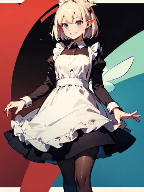 ryu lion、blonde、blue eyes、fairy、eyes hair、pointed ears、short hair、(small breasts:1.2),apron、黒pantyhose、dress、緑のdress、long sleeve...