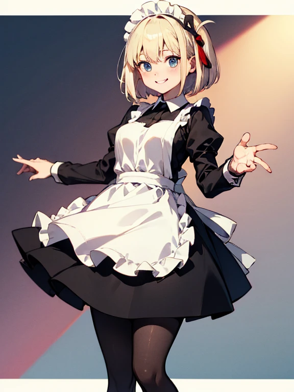 Ryu Lion、blonde、blue eyes、Fairy、eyes hair、Pointed Ears、short hair、(Small breasts:1.2),apron、黒pantyhose、dress、緑のdress、Long sleeve、maid、maidapron、maid頭飾り、pantyhose、白apron,(Perfect hands),(Perfect Anatomy),(masterpiece),(Highest quality),smile