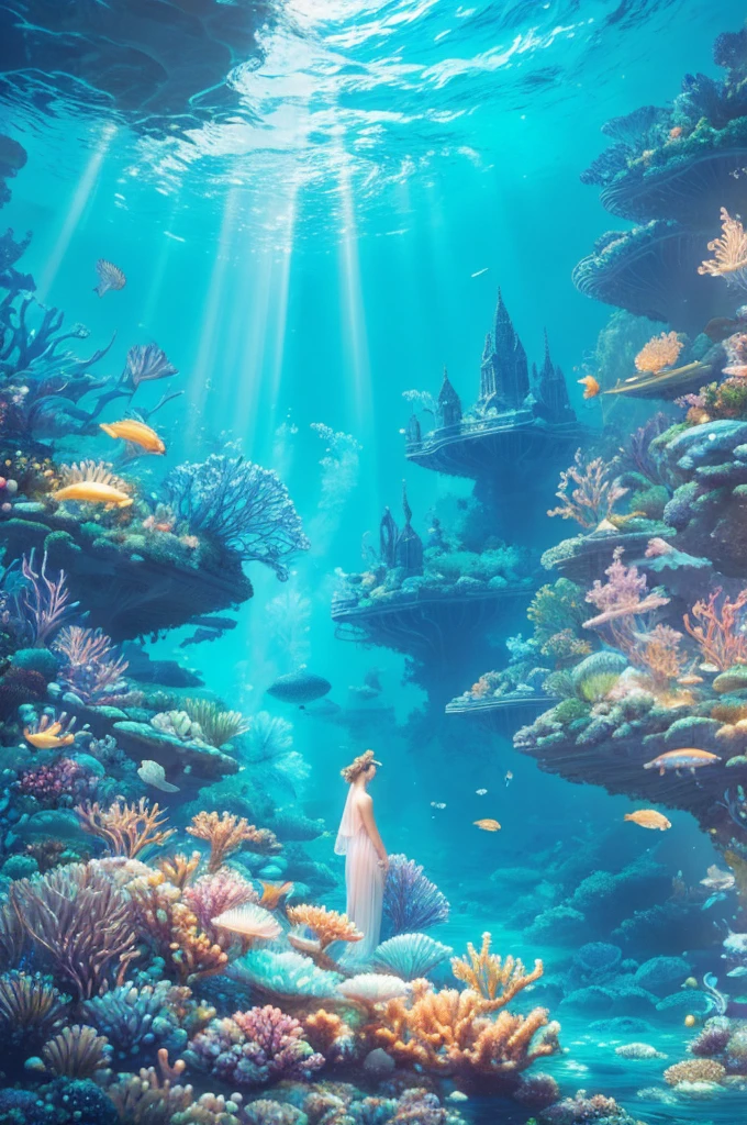 An ancient underwater city bathed in a soft, ethereal glow, surrounded by mythical sea creatures like luminous jellyfish and graceful merfolk. The city’s architecture features towering, coral-covered spires and bioluminescent flora. In the foreground, a group of deep-sea explorers in futuristic suits is amazed as they discover this hidden realm, their faces illuminated by the city’s gentle light. The scene is set in a deep, mysterious ocean with rays of sunlight piercing through the water, creating a magical, otherworldly atmosphere , (Best Quality, A high resolution, photorealistic), cinematic lighting, masterpiece, raw photo, intricate details, HdR ,  (Beautiful shell and coral decoration, Surrounded by lots of colorful fish, Rich underwater vegetation),

