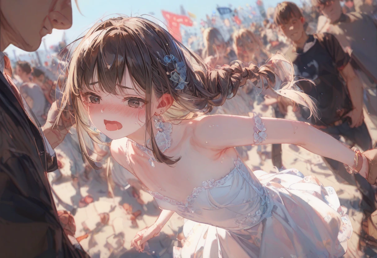 Ultra high definition、Anatomically correct、One Girl、Full body image、Cute Japanese sister、long hair、Dark brown hair、Braid、bangs、 Dark Eyes、Small breasts、White skin、Embarrassed expression、tears、White dress、crowd、sex、rape、