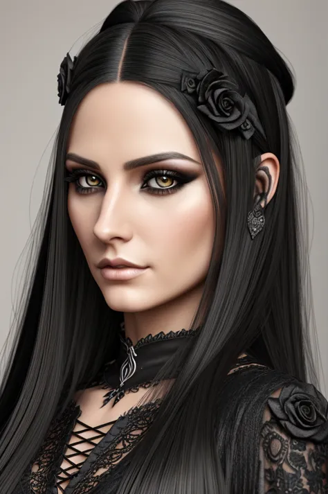 1 european gothic woman, pretty face, long straight hair, ultra detailed face and eyes, hyperrealistic, realistic representation...