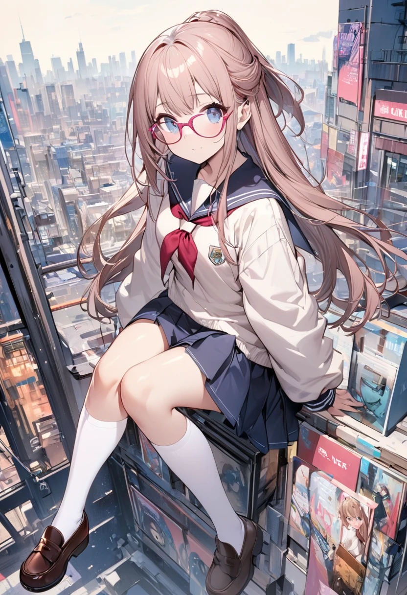 (Top quality illustrations:1.2)、(cute:1.0)、(1 girl:1.0)、(half updo)、(School uniforms:1.0)、Glasses with pink frames,(white thigh-high socks),(Whole Body Ezbian:1.0)、(Ultra-detailed) 、、(The background is the cityscape:1.1)、If you have headphones、full body