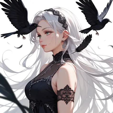 an 1 girl with long silver hair wearing a black long-sleeved dress. black feathers on the back. very beautiful. white background...