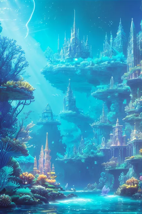 an ancient underwater city bathed in a soft, ethereal glow, surrounded by mythical sea creatures like luminous jellyfish and gra...