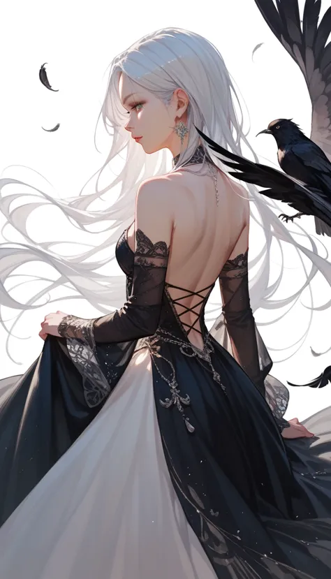 an 1 girl with long silver hair wearing a black long-sleeved dress. black feathers on the back. very beautiful. white background...