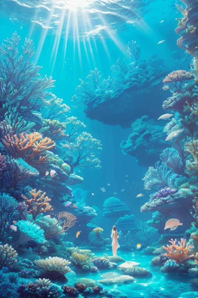 An ancient underwater city bathed in a soft, ethereal glow, surrounded by mythical sea creatures like luminous jellyfish and graceful merfolk. The city’s architecture features towering, coral-covered spires and bioluminescent flora. In the foreground, a group of deep-sea explorers in futuristic suits is amazed as they discover this hidden realm, their faces illuminated by the city’s gentle light. The scene is set in a deep, mysterious ocean with rays of sunlight piercing through the water, creating a magical, otherworldly atmosphere , (Best Quality, A high resolution, photorealistic), cinematic lighting, masterpiece, raw photo, intricate details, HdR ,  (Beautiful shell and coral decoration, Surrounded by lots of colorful fish, Rich underwater vegetation),

