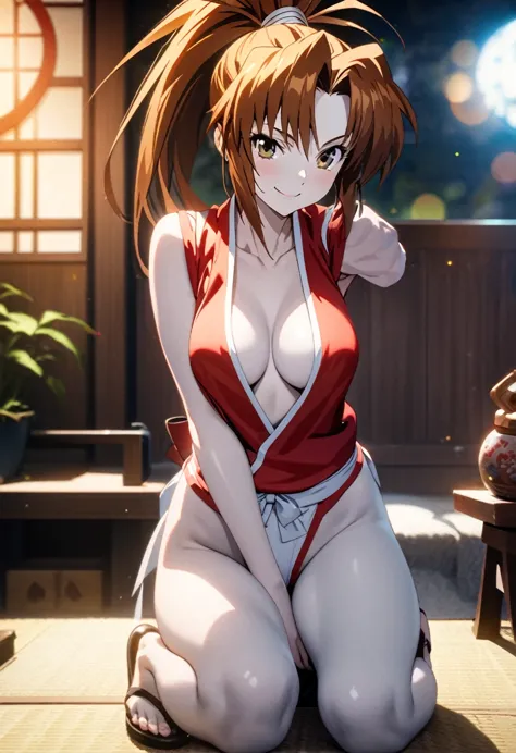 ((、mai shiranui,ponytail,background is a japanese-style room in a japanese house:1.3)),, looking at the audience,slim and sexy f...