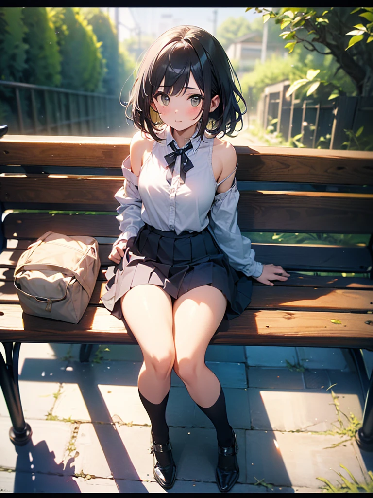 (((masterpiece, Highest quality, High resolution, 超High resolution, Pixel Perfect, Written boundary depth, 4K, RTTX10.0, Human Development Report)))、Cowboy Shot、（High angle）、Cat ear、Ribbon on chest、White sweater、（Off the shoulder）、black short pleated skirt、Thigh straps、Lace Knee High Socks、Park bench、Hands on thighs