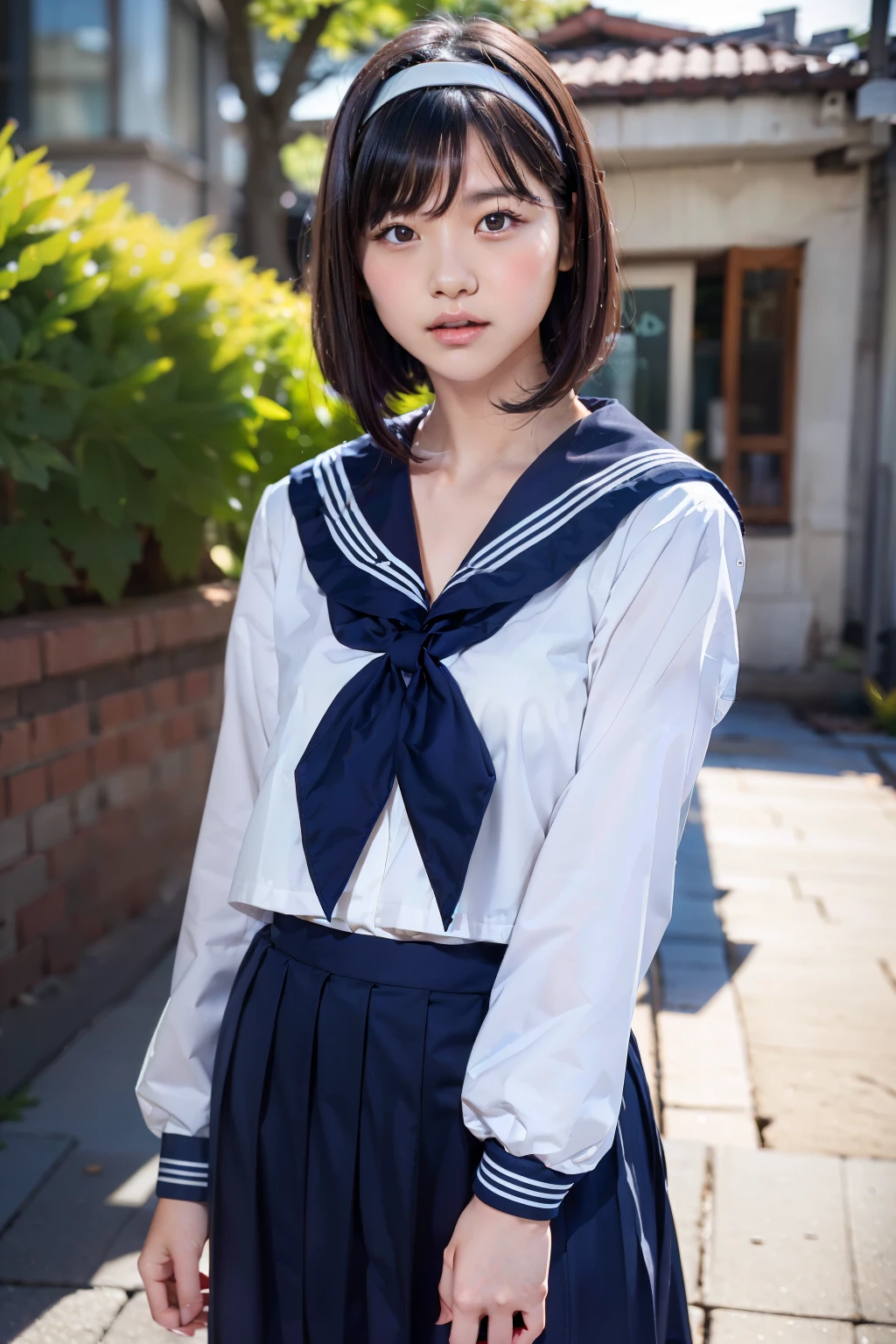 sailor suit, 8k, highest quality, masterpiece, Super detailed, ultra high resolution, realistic, RAW photo, absolute resolution, face is small compared to body, very small face, black hair,  navy blue sailor uniform, Dark blue skirt, 3D rendering, realistic young school girl, (white headband:1.4), small breasts, expensive, slanted eyes, (school scenery), open your mouth, bob cut, Long Skirt, looking at the camera, (blurry background:1.4), 