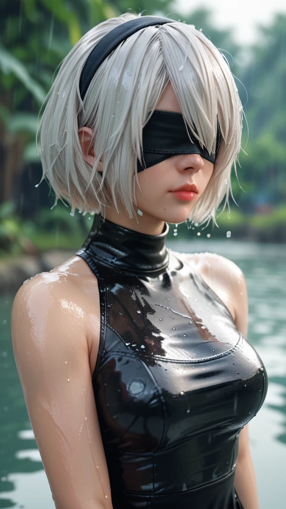 score_9, score_8_up, score_7_up, 1girl, solo, breasts, short hair, dress, bare shoulders, medium breasts, closed mouth, upper body, white hair, hairband, sleeveless, mole, blurry, black dress, lips, wet, depth of field, blurry background, turtleneck, phone, cellphone, black hairband, wet clothes, mole under mouth, facing viewer, smartphone, rain, water drop, blindfold, wet hair, covered eyes, black blindfold, yorha no. 2 type b