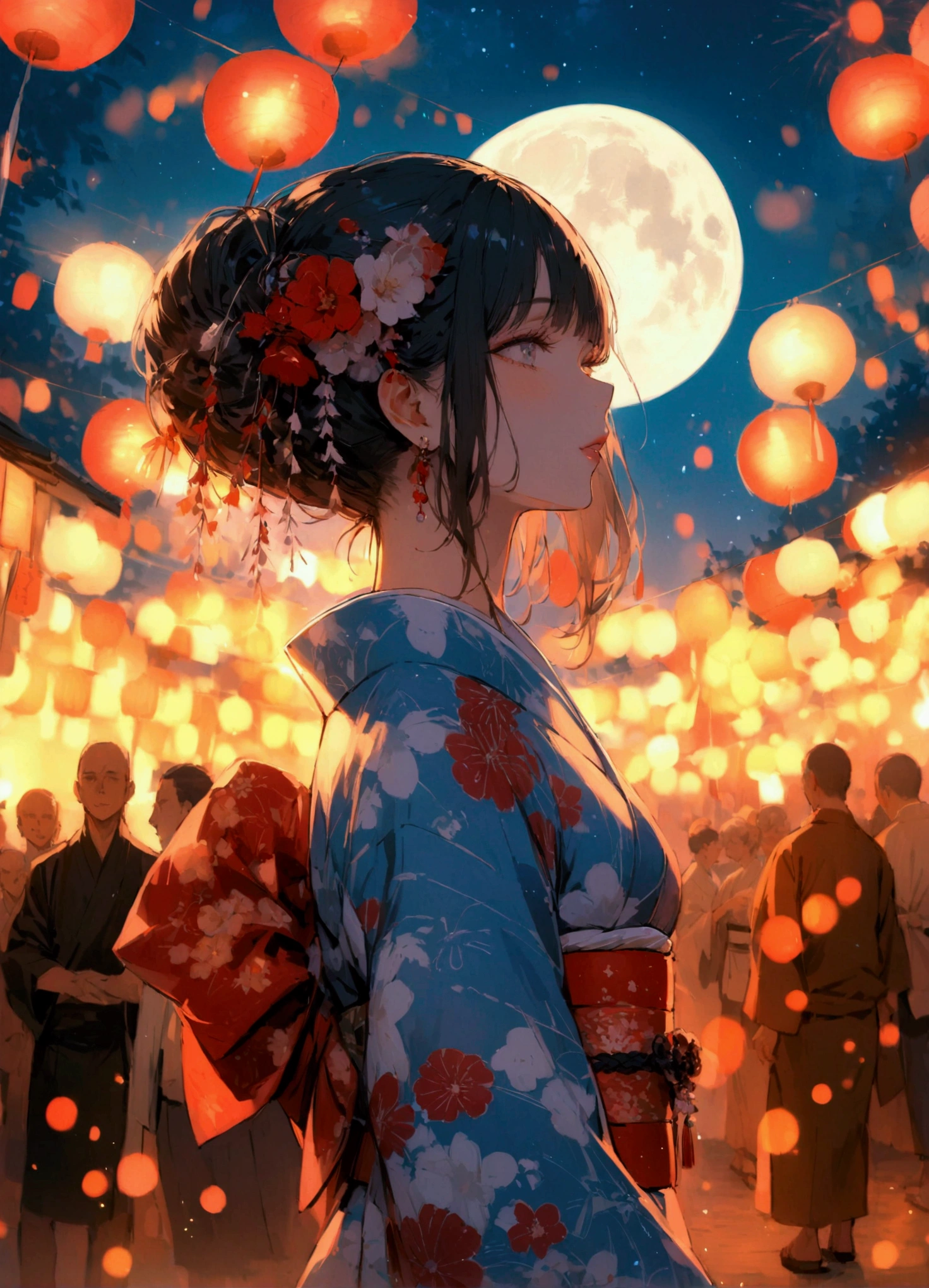 (with,Fireworks,summer night,tight clothes,detailed,high quality,full moon,Hanabi Taikai,yukata dress,Japanese festival,hidden from people