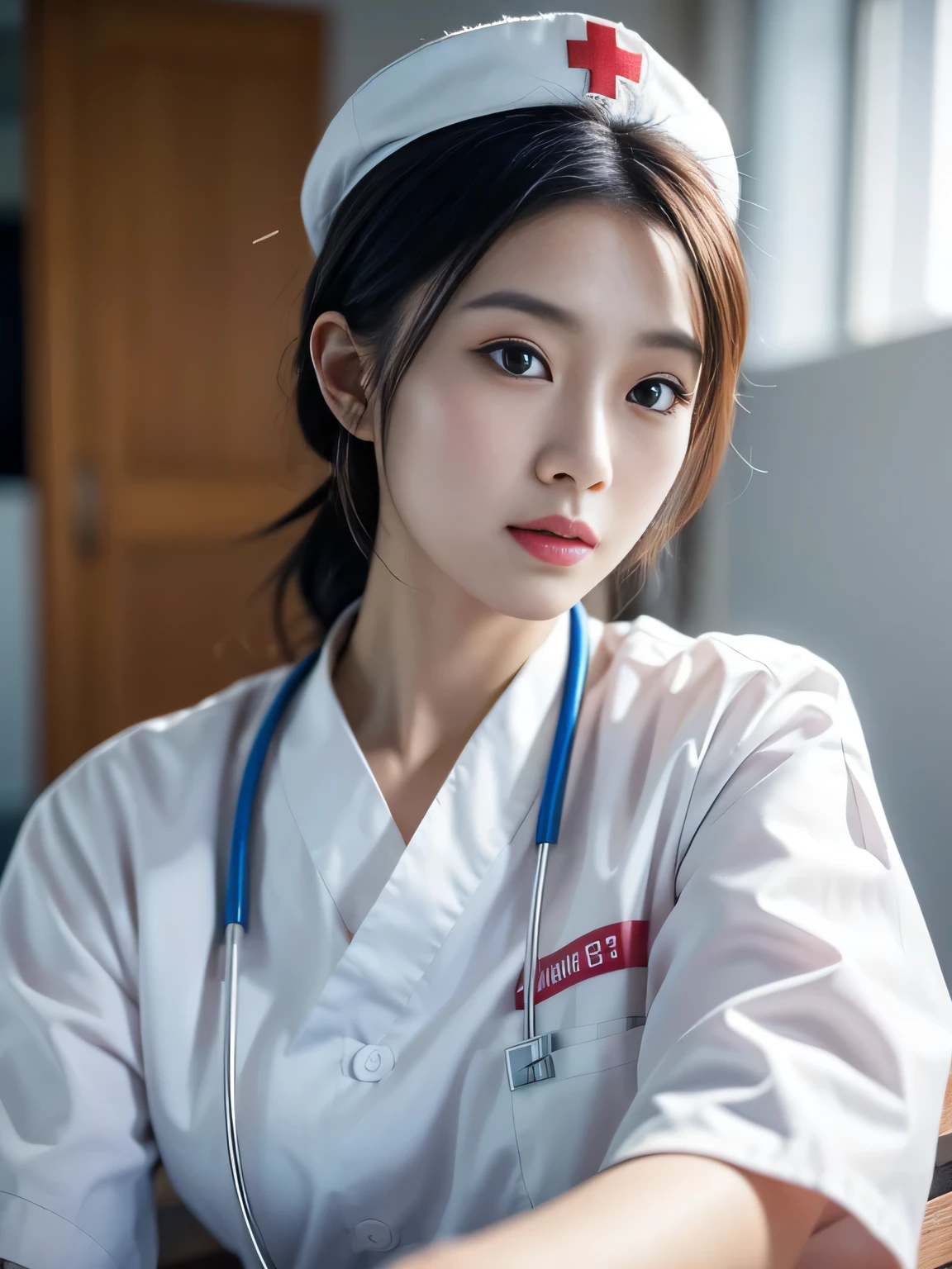 a beautiful young japanese female nurse, white nurse uniform, nurse cap, in hospital, extremely detailed face and eyes, longeyelashes, beautiful detailed lips, beautiful skin, high quality, digital painting, realistic, photorealistic, 8k, HDR, studio lighting, vibrant colors, warm lighting