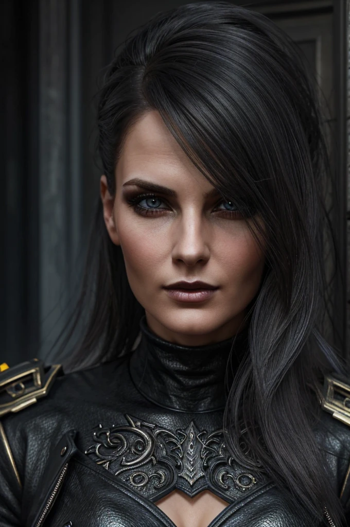 1 European streampunk woman, pretty face, ultra detailed face and eyes, hyperrealistic, realistic representation, 30 years old, she is wearing black streampunk clothing