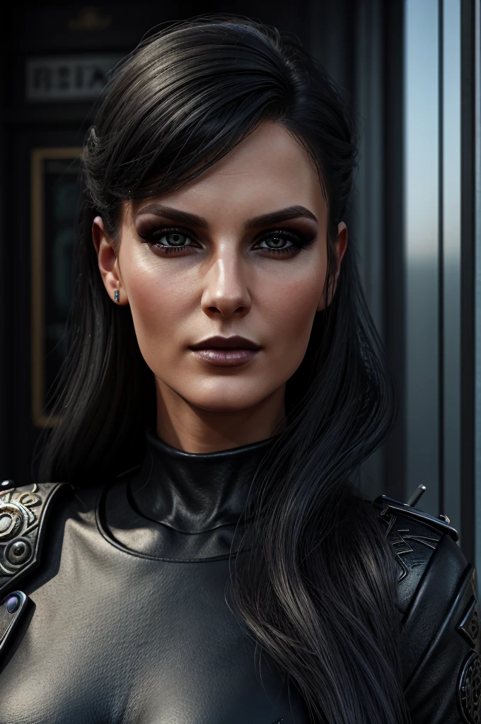 1 European streampunk woman, pretty face, ultra detailed face and eyes, hyperrealistic, realistic representation, 30 years old, she is wearing black streampunk clothing