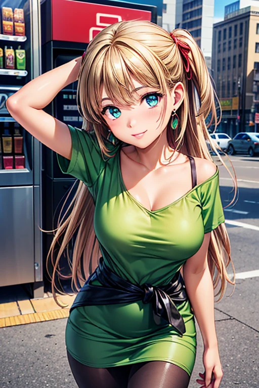 Girl posing for photo, animeのcute少女, ((One Girl)), ((Baby Face:1.3)) + ((cute:1.3)), 
BREAK 

((Green T-shirt Dress:1.5)) + ((Leather belt for a tight fit around the waist)) + ((Black Pantyhose)) + (Glossy black high heels),  
((Red earrings)),     
BREAK 

(Blonde:1.2), (Very long side banks:1.4), ((Two Side Up) : Long Hair + Straight hair + Braiding:1.2 + Hair blowing in the wind + Tied with a red ribbon), 
(Eyes with drooping corners of the eyes:1.4), (Big eyes:1.4), (blue eyes), 
((Small breasts:1.0)), 
(Tanned dark skin), (boyish), 
BREAK 

((noon, Downtown Urban + Sidewalk + vending machine, blue sky)), 
((Wicked Smile)), 
((Standing pose with arms stretched above head)), 
((Angle from the front)), ((Character Focus)), ((Cowboy Shot)), 
BREAK 

(Slim figure), (Symmetrical facial features), 
(Detailed Hair), (Beautiful Hair), (Shiny Hair), 
(double eyelid), (Long eyelashes), (Thin eyebrows:0.5), 
(Shiny eyes), (Detailed eyes), (Beautiful Eyes), (Delicate eyes), (Perfect Eyes), (Sparkling eyes), (Eye Reflexes), (Glitter Eyeliner), 
(Human Ear), 
(Beautiful Nose), (Thin Nose), 
(Glossy Lips), (Beautiful Lips), (Thick lips), 
(Shiny skin), (Detailed skin), (Fine skin), (Beautiful Skin), (Oily skin), 
BREAK 

(((Highest quality)), ((masterpiece:1.3)), ((Very detailed))), ((Ultra-high resolution)), ((16K)), ((1080P)), ((Full HD)), 
(Anatomically correct), ((Realistic)), (3DCG), ((Oil painting)), 
((comics, anime)), (CG illustration), (RAW Photos), 
