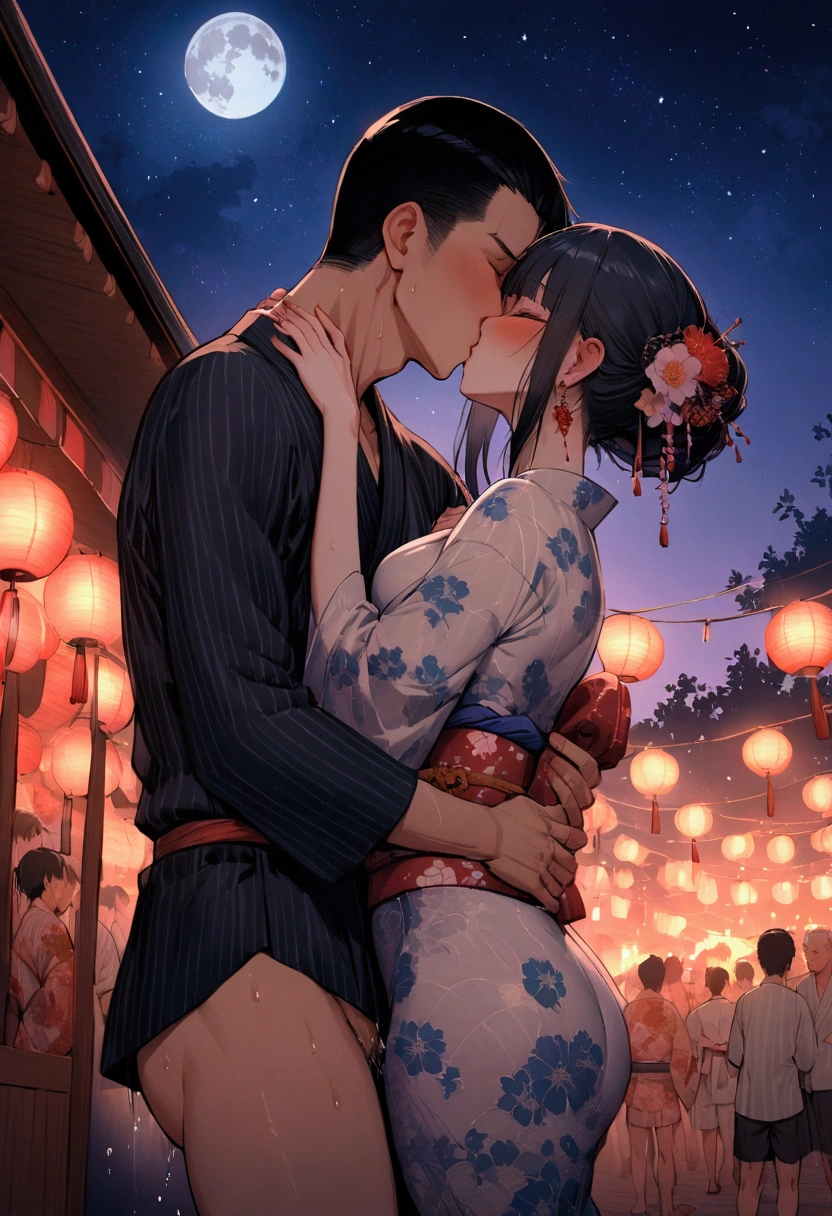 (sex),Fireworks,summer night,tight clothes,detailed,high quality,full moon,Hanabi Taikai,yukata dress,Japanese festival,hidden from people,tattoos,kiss