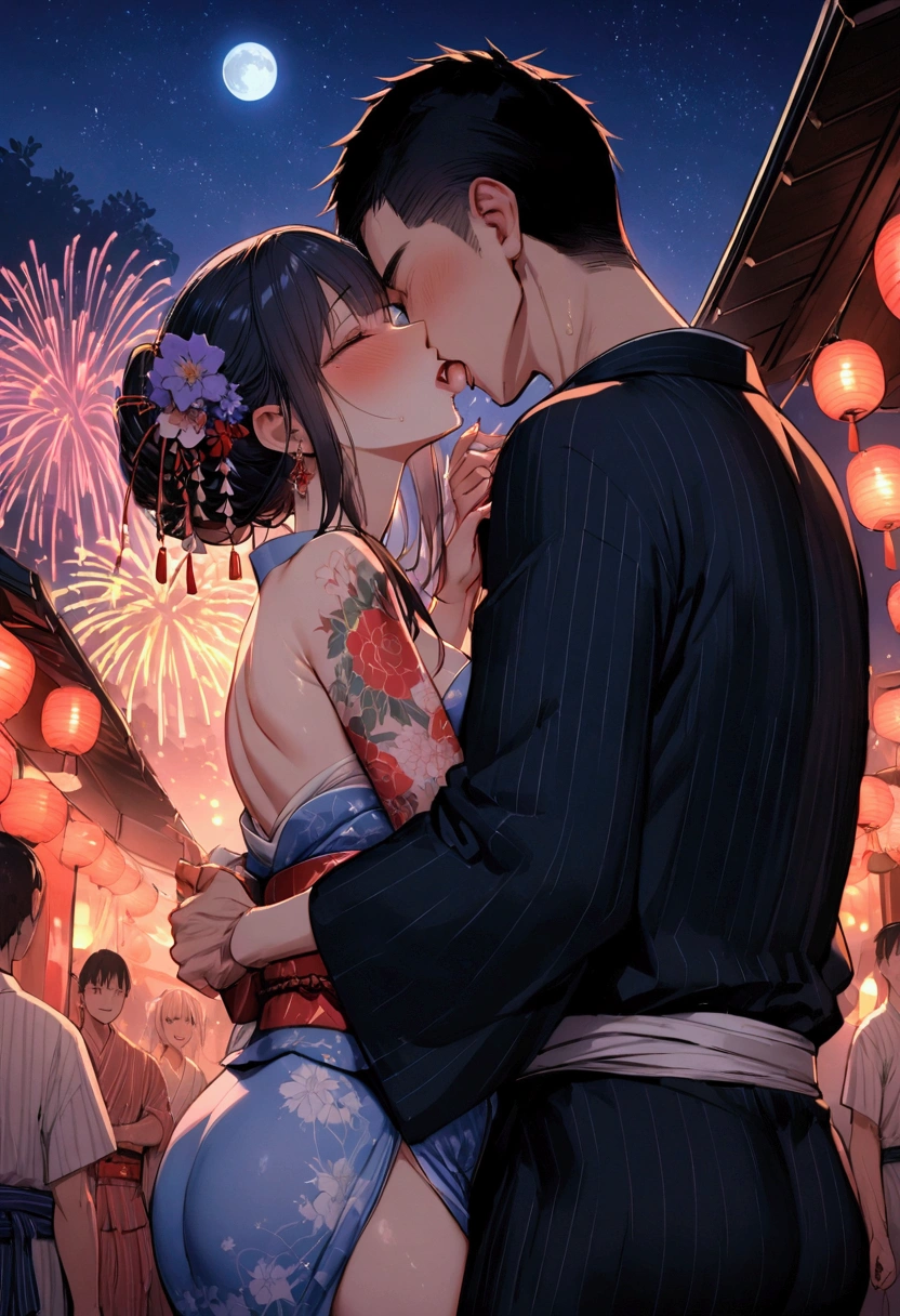 (sex),Fireworks,summer night,tight clothes,detailed,high quality,full moon,Hanabi Taikai,yukata dress,Japanese festival,hidden from people,tattoos,sexual kiss