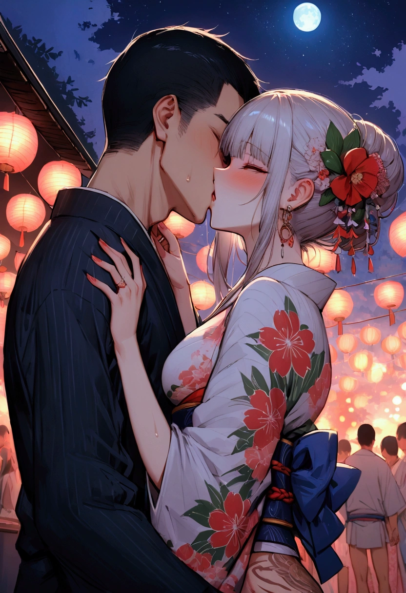 (sex),Fireworks,summer night,tight clothes,detailed,high quality,full moon,Hanabi Taikai,yukata dress,Japanese festival,hidden from people,tattoos,kiss