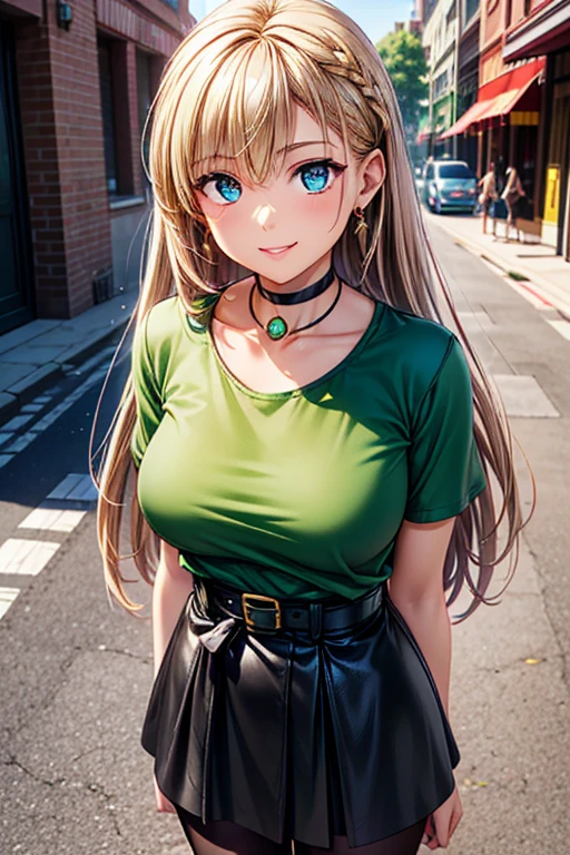 Girl posing for photo, animeのcute少女, ((One Girl)), ((Baby Face:1.3)) + ((cute:1.3)), 
BREAK 

((Green T-shirt Dress:1.5)) + (((Black leather belt)Fits tight around the waist)) + ((Black Pantyhose)) + (Glossy black high heels),  
((Red earrings)), ((Black choker)), ((A gorgeous gold bracelet)), ((Silver Necklace)), 
BREAK 

(Blonde:1.2), (Very long side banks:1.4), ((Two Side Up) : Long Hair + Straight hair + Braiding:1.2 + Hair blowing in the wind + Tied with a red ribbon), 
(Eyes with drooping corners of the eyes:1.4), (Big eyes:1.4), (blue eyes), 
((Small breasts:1.0)), 
(Tanned dark skin), (boyish), 
BREAK 

((noon, Downtown Urban + Sidewalk + vending machine, blue sky)), 
((Wicked Smile)), 
((Standing pose with arms stretched above head)), 
((Angle from the front)), ((Character Focus)), ((Cowboy Shot)), 
BREAK 

(Slim figure), (Symmetrical facial features), 
(Detailed Hair), (Beautiful Hair), (Shiny Hair), 
(double eyelid), (Long eyelashes), (Thin eyebrows:0.5), 
(Shiny eyes), (Detailed eyes), (Beautiful Eyes), (Delicate eyes), (Perfect Eyes), (Sparkling eyes), (Eye Reflexes), (Glitter Eyeliner), 
(Human Ear), 
(Beautiful Nose), (Thin Nose), 
(Glossy Lips), (Beautiful Lips), (Thick lips), 
(Shiny skin), (Detailed skin), (Fine skin), (Beautiful Skin), (Oily skin), 
BREAK 

(((Highest quality)), ((masterpiece:1.3)), ((Very detailed))), ((Ultra-high resolution)), ((16K)), ((1080P)), ((Full HD)), 
(Anatomically correct), ((Realistic)), (3DCG), ((Oil painting)), 
((comics, anime)), (CG illustration), (RAW Photos), 
