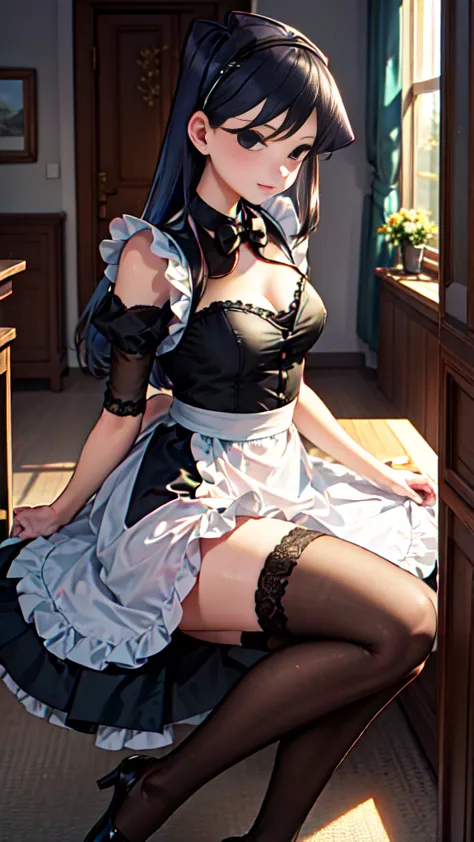 an elegant maid, komi shouko, dressed in a stunning maid outfit.  she wears a pair of delicate stockings that highlight her slim...