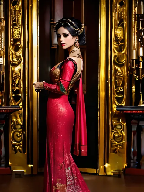 arafed woman in a red dress standing in front of a gold wall, a photo by galen dara, cg society contest winner, arabesque, red a...