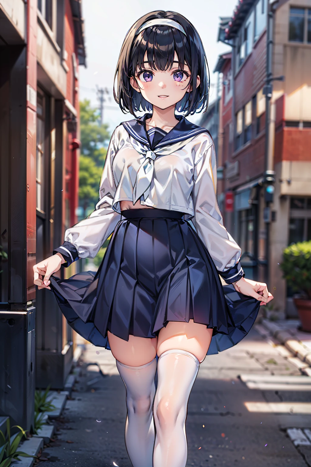 body 8 times longer than head, (Highly detailed CG unity 8k), (highest quality)，(very detailed)，(ultra high resolution), black hair, High school girl wearing a navy sailor suit, Anime 2D rendering, realistic young anime high school girl, (White headband:1.4), smile, purple eyes, small breasts, tall, slanted eyes, (school scenery), black stockings, bright color, open your mouth a little, (Dark blue long skirt:1.4), bob cut, (blurry background:1.4), Glossy kneecaps, 