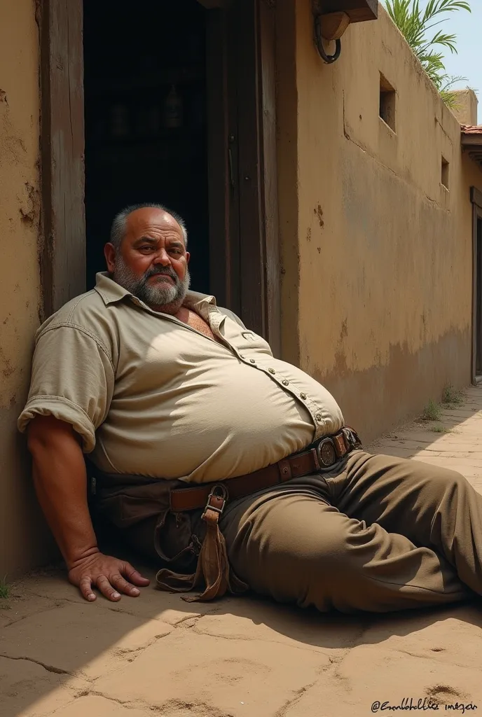 Moderately fat man from Mexico in 1753 with alopecia, no hair on top and hair on the sides, lying outside a drinking establishment