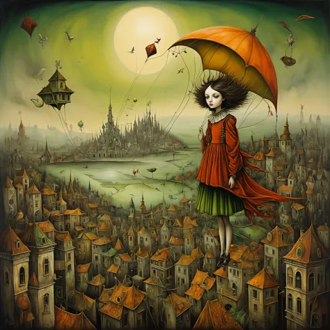 aesthetic surrealism painting, fusion of techniques, palette, styles by esao andrews, aubrey beardsley, leonora carrington, surr...