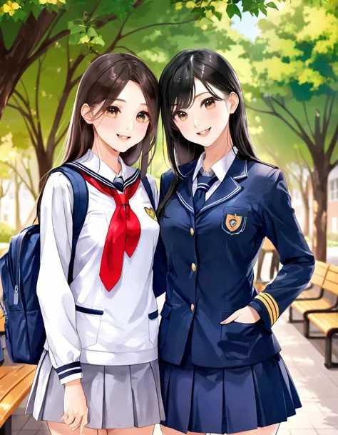 love student, two female students in uniform, lesbian couple, tall and thin, beautiful, alumni, classmate