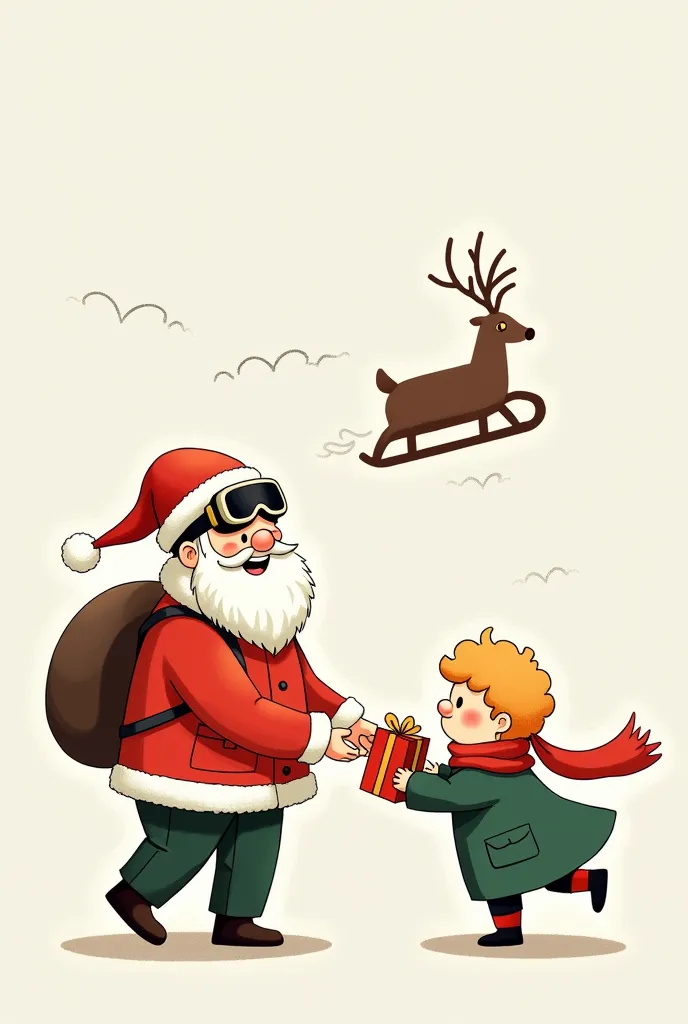 Set of sticker ,((no shadow)), japanese minimal,Gray  background.A man wearing a santa hat and goggles, with a friendly and kind look. He wears a red jacket and a white scarf fluttering in the wind. RainDeer flying Sled . Black ink lines with brown watercolor for his clothes. Give a gift box to  A small, young boy with curly blonde hair, wearing a long, flowing green coat and a red scarf blowing in the wind. 